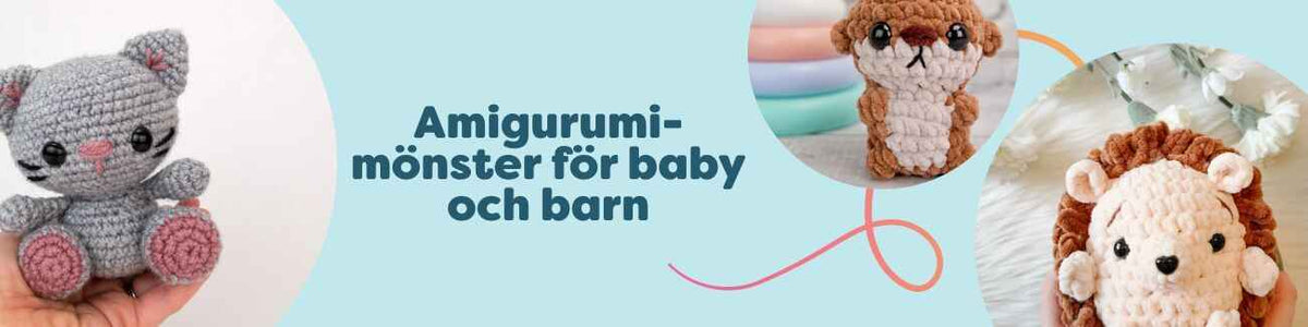 Amigurumi för baby och barn ordnade på en mjuk filt: virkade djur, snuttefiltar och skallror i milda pasteller med garn från Hobbii.