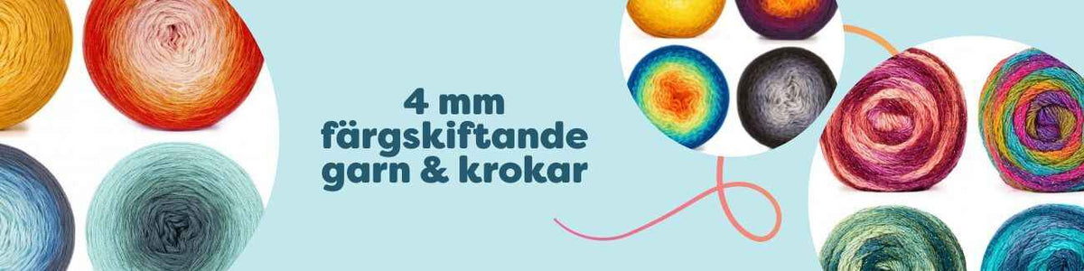 Bild på 4 mm färgskiftande garnnystan och virknålar från Hobbii i harmoniska gradienter; modeller som Sultan, Sultan Deluxe, Universe och Sultan Shadow