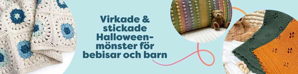 Kollektion av virkade och stickade Halloween-mönster för bebisar och barn – söta kostymer, filtar, mössor och tillbehör i mjukt garn.