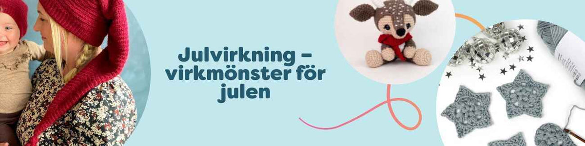 Kollektion med julvirkning hos Hobbii: virkade tomteluvor, stjärnor, amigurumi-renar och mandala-julduk i klassiska julfärger.