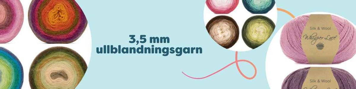 Ullblandningsgarn för 3,5 mm i flera färger, både cake- och klassiska nystan, för stickning och virkning.