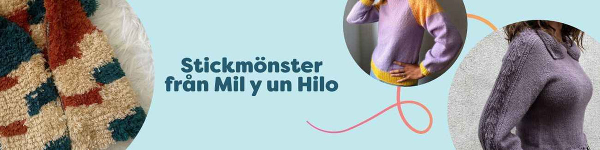 Kollektion av stickmönster från Mil y un Hilo hos Hobbii – färgglada tröjor, barnväst och sommartopp presenterade med garnnystan och stickor.