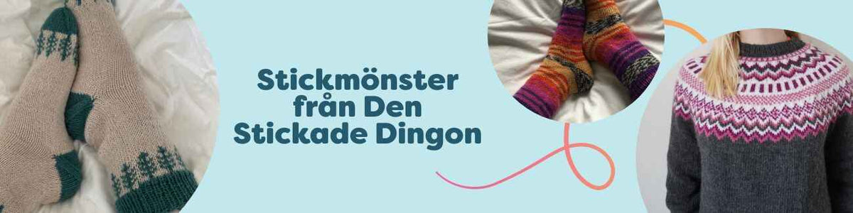 Kollektion med stickmönster från Den Stickade Dingon: färgglada sockor som Autumn Leaf och Pop samt tröjmönstret Nova, stylade med Hobbii-garn.
