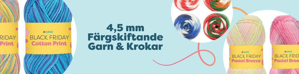 Färgskiftande garner för 4,5 mm med matchande virknålar/krokar i harmoniska toningar, uppdukade för stickning och virkning.