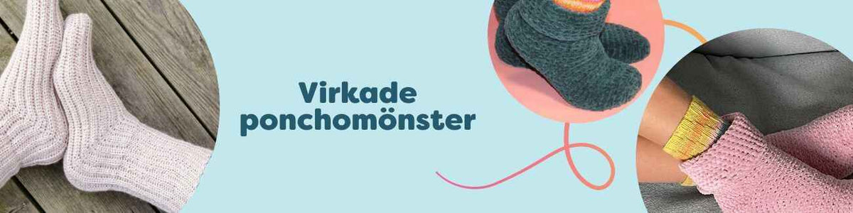Virkade ponchomönster i flera stilar och svårighetsgrader – ponchos virkade i mjuka garner i både neutrala och färgstarka toner, visade på modeller – Hobbii