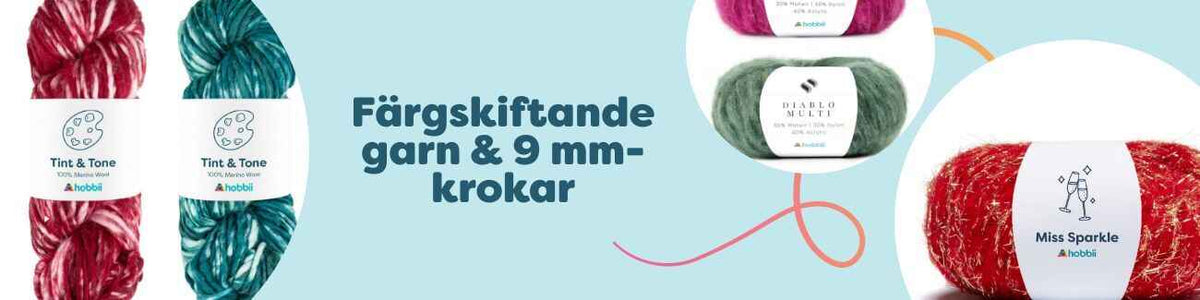 Färgskiftande garnnystan i olika nyanser bredvid 9 mm-krokar, perfekta för sjalar, filtar och mössor.