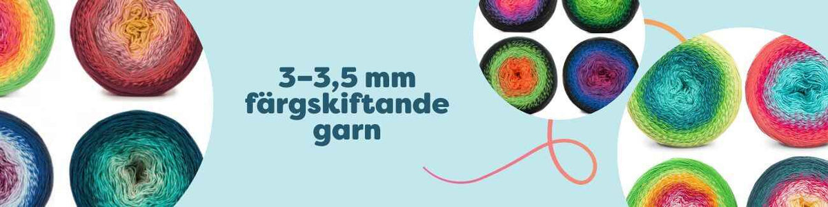 Nystan av färgskiftande garn 3–3,5 mm i flera nyanser, prydligt upplagda i en palett – idealiska för stickning och virkning.