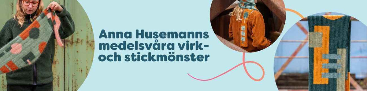 Kollektion med medelsvåra virk- och stickmönster av Anna Husemann: bandana, mössa och sjal i harmoniska färger, med garn från Hobbii.