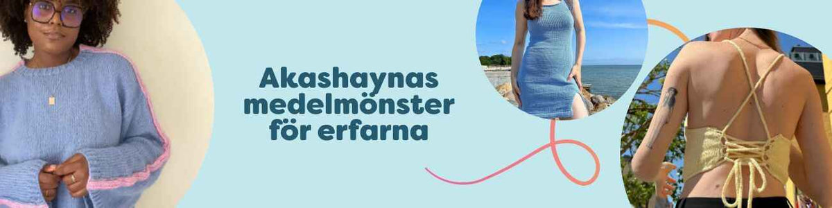 Kollektion med Akashaynas virkmönster på medelnivå för erfarna – tröjor, toppar och klänningar i garn från Hobbii.