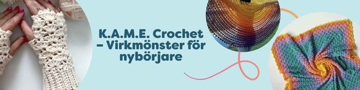 Kollektion med K.A.M.E. Crochet-virkmönster för nybörjare: sjal, babyfilt, fingerlösa vantar och halsduk i mjuka garner från Hobbii, plattlagd bild.