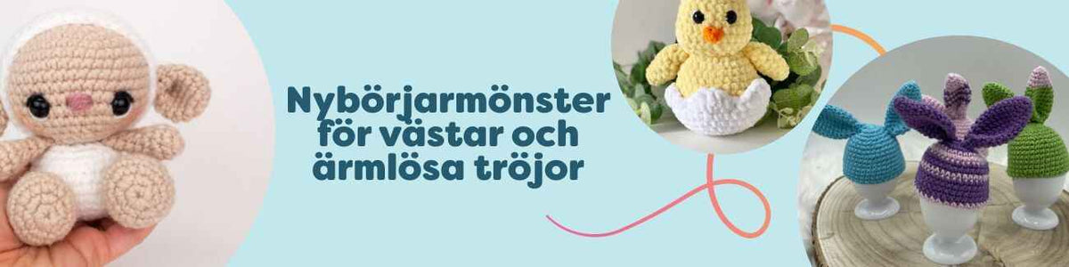 Stickade och virkade västar samt ärmlösa tröjor för nybörjare i olika passformer och färger, gjorda i mjuka Hobbii-garner, presenterade på galgar.