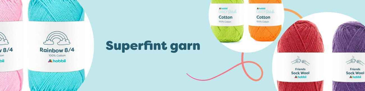 Färggranna nystan av bomullsgarn, sockgarn och gradient cakegarn från Hobbii – för stickning och virkning i flera projekt.