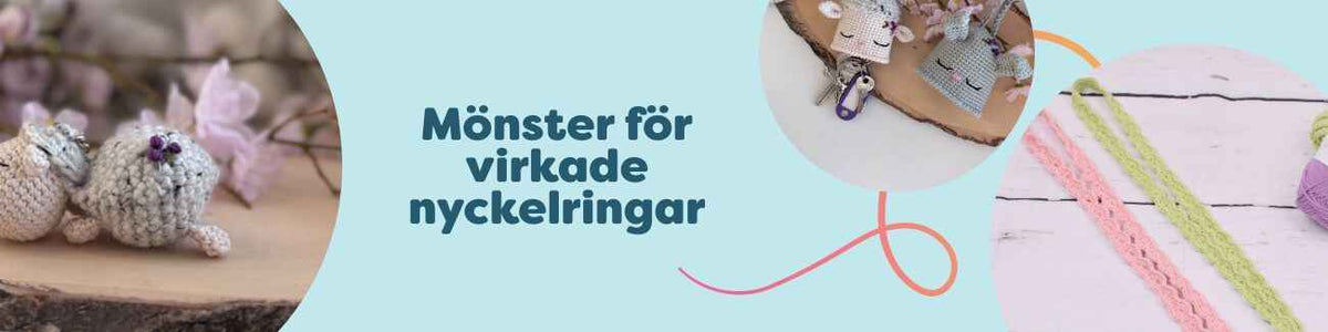 Kollektion med virkade nyckelringar och nyckelband – får, kanin och nyckelfodral i bomullsgarn 8/4 och 8/8, idealiska för medelvana virkare.