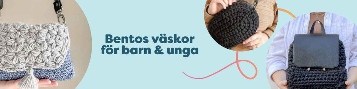 Kollektion: Bentos väskor för barn och unga – mönster till crossbody, belt bag och ryggsäck för virk- och stickprojekt i lekfulla färger.
