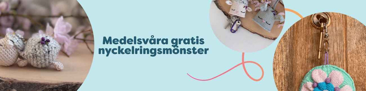Färgglad kollektion med gratis virkade och stickade nyckelringar, nyckelöverdrag och nyckelband/lanyards – perfekta småprojekt i garn från Hobbii.