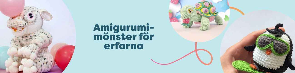 Amigurumi-mönster för erfarna virkare – flera figurer som flodhäst, sköldpadda och pingvin virkade i garn.