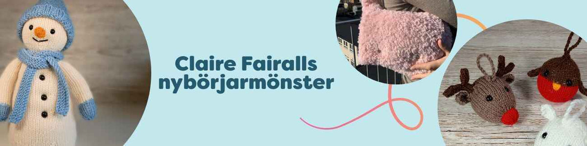 Kollektion med Claire Fairalls nybörjarvänliga virkmönster: snögubbe, julgransdekorationer, väska, pumpahus och ekollon från Hobbii.