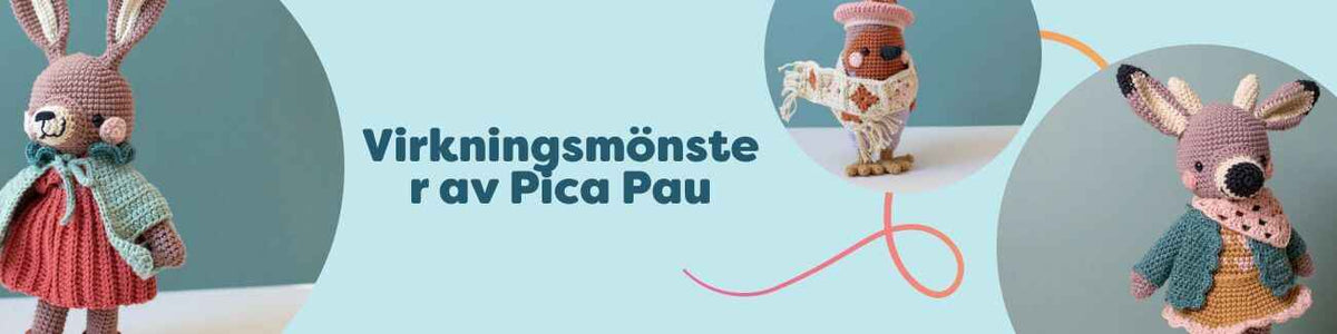 Hobbii-kollektionen ”Virkmönster av Pica Pau” med amigurumi-djur som Bianca Hare, Grayson Robin, Aurora Deer och Owen Stoat i ett produktgalleri.