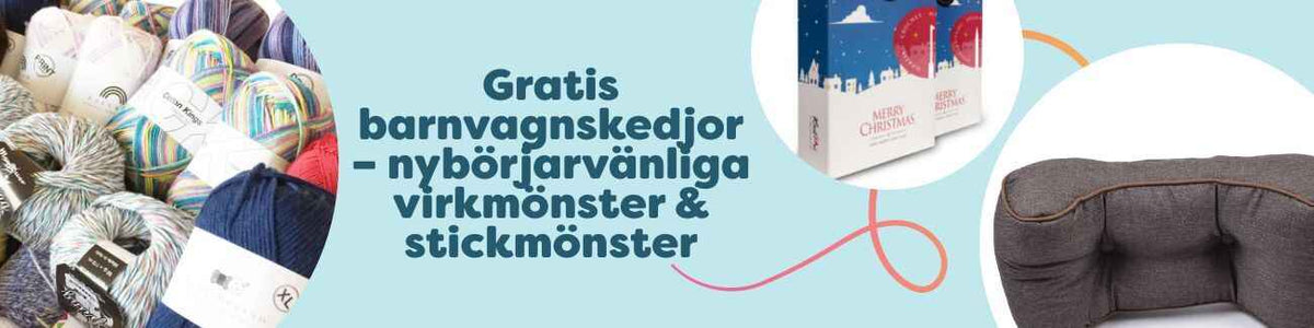 Gratis mönster för barnvagnskedjor – virkning & stickning med garn, virkade djur och träpärlor på barnvagn.