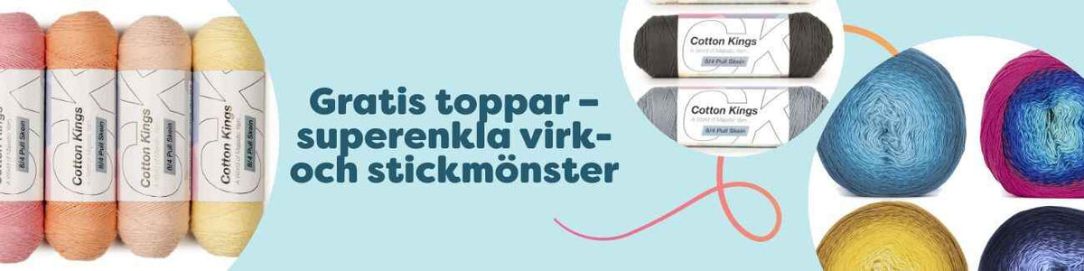 Gratis mönster för toppar i virkning och stickning – collage av virkade och stickade sommartoppar i mjuka bomullsgarner