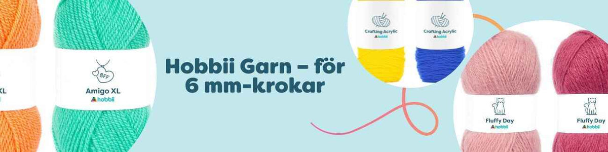 Färgglada nystan från Hobbii för 6 mm-krokar – Amigo XL, Fluffy Day, Tweed Delight och Lollipop, perfekta för filtar, tröjor och mössor.