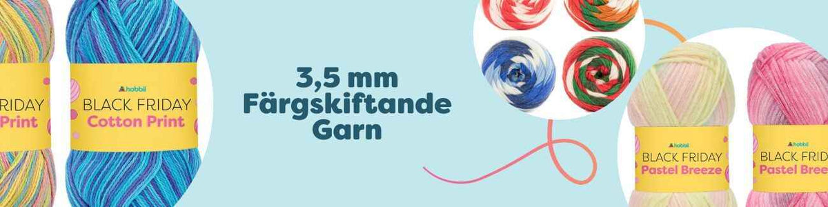 Närbild på nystan av färgskiftande garn anpassat för 3,5 mm, i flera nyanser, arrangerade med stickor och virknål på ett bord.