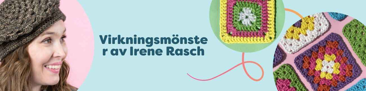 Kollektion med virkmönster av Irene Rasch: baskern Greta och granny squares (Basic, Solid, Daisy, Sunflower) från Hobbii.