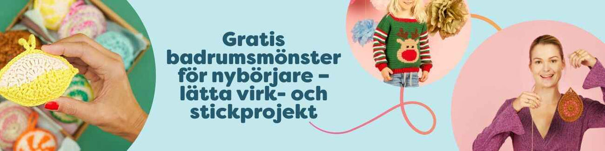 Virkade och stickade badrumsprojekt i bomullsgarn – tvättlappar, handdukar, badmatta och tvålpåse i harmoniska färger. Kollektion från Hobbii.