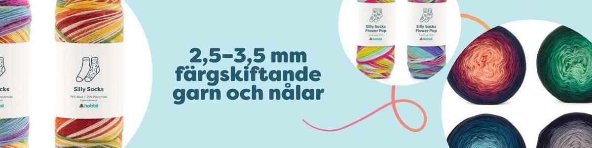Färgskiftande garn i 2,5–3,5 mm med matchande stickor och virknålar, uppdukade i flera nyanser – perfekt för sockor, sjalar och koftor.
