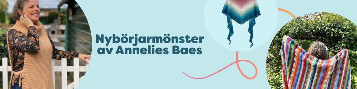 Kollage med nybörjarvänliga mönster av Annelies Baes för Hobbii: sjalar, slipover och filt i mjuka garner, perfekt för nya virkare och stickare.