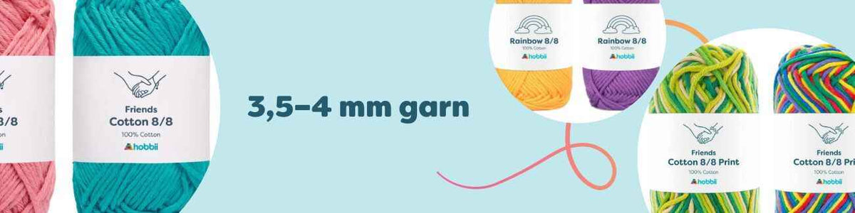 3,5–4 mm garn från Hobbii i många färger – bomullsgarn 8/8, print och färgpaket för stickor och virknålar 3,5–4 mm, redo för nästa projekt.
