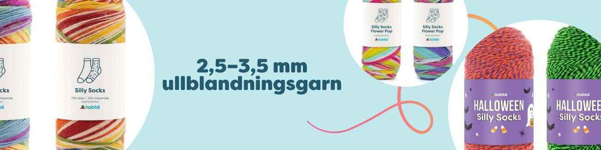 Kollektion med 2,5–3,5 mm ullblandningsgarn från Hobbii i flera färger, nystan redo för stickning och virkning av mjuka och hållbara plagg.