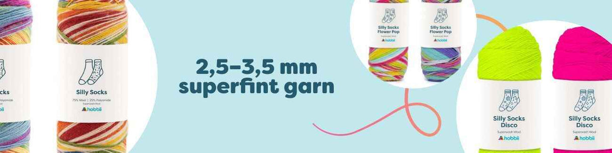 Nystan av superfint garn (2,5–3,5 mm) i flera färger, passande för stickor och virknålar; idealiskt för sockor, sjalar och babyplagg.