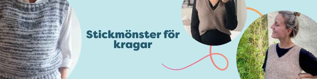 Kollektion med stickmönster för kragar – modeller bär handstickade kragar i olika stilar, färger och garn från Hobbii.