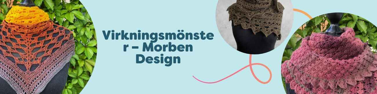 Översiktsbild över Morben Design-kollektion av mellansvåra virkningsmönster: sjalar och halsdukar virkade i mjuka garnnyanser, fotade platt och på modell.