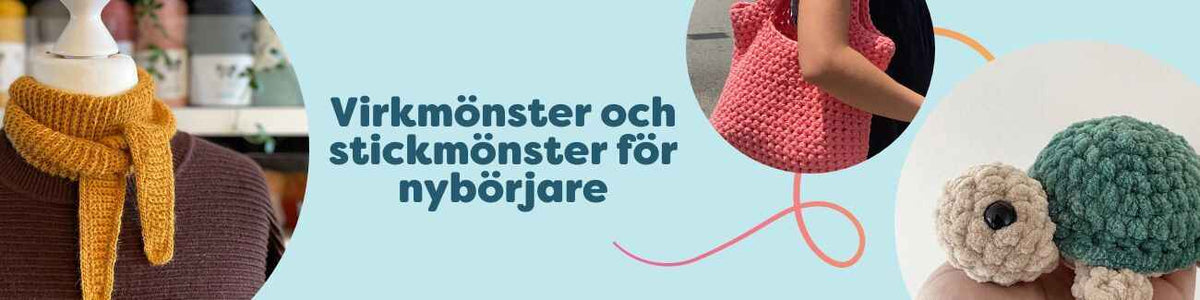 Bildkollage med enkla virkmönster och stickmönster för nybörjare: sjal, ribbade sockor, handväska och amigurumi; mjukt garn, stickor och virknålar från Hobbii.