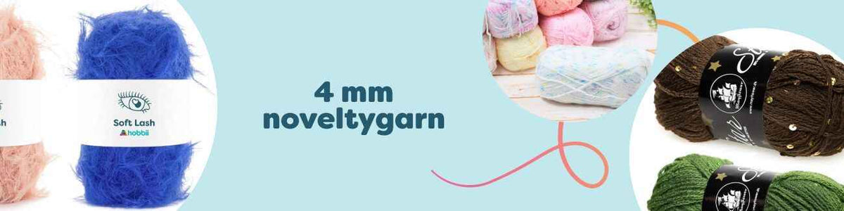Nystan av 4 mm noveltygarn i flera färger och texturer, perfekt för stickning och virkning, liggande på ett bord med stickor och virknål.
