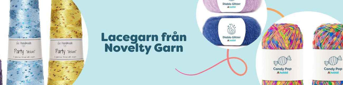 Tunna lacegarn från Novelty Garn i glitter- och effekttrådar, färgglada nystan på bord – perfekta för stickning och virkning.
