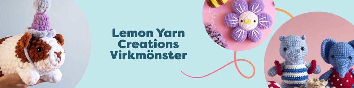 Kollektion av Lemon Yarn Creations virkmönster hos Hobbii med amigurumi som marsvin, lamm, ren, elefant och bi.