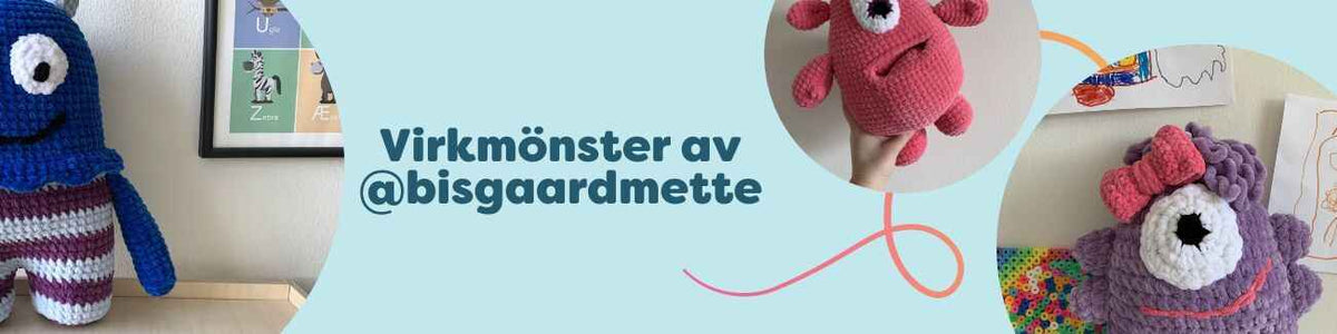 Kollektion med virkmönster av @bisgaardmette: amigurumi-monster som Bertil, Bella, The Lala, Dracula-Chuckie och julmonstret Jeremy i klara färger.