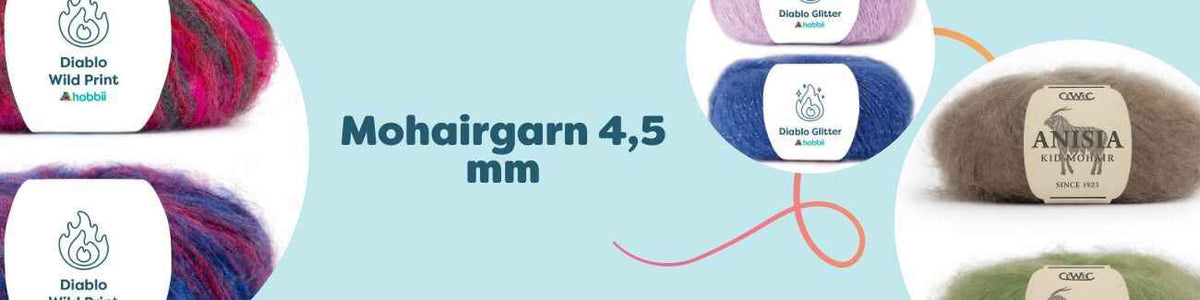 Mohairgarn 4,5 mm i flera färger – lätt, mjukt och fluffigt garn för stickning och virkning med stickor/virknål 4,5 mm.