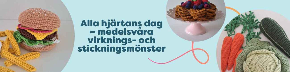 Hobbii-kollektion för Alla hjärtans dag med medelsvåra virk- och stickmönster: sjalar, amigurumi, accessoarer och hemdekor i rött och rosa.