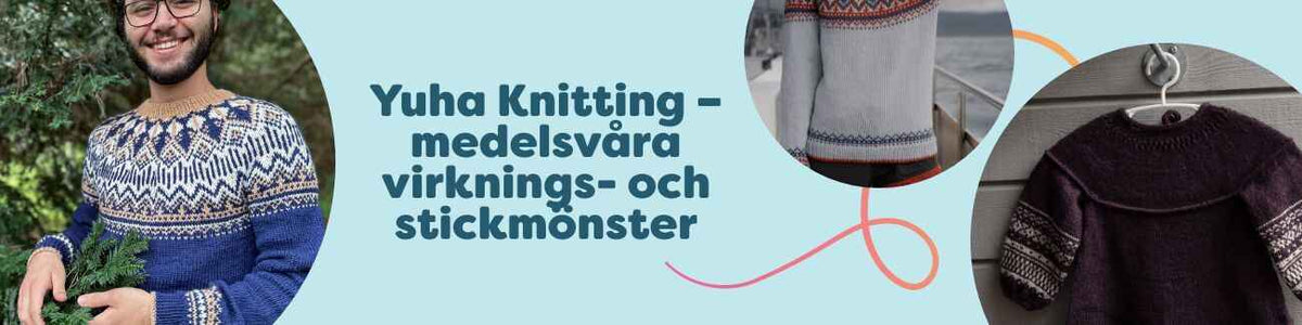 Översiktsbild av Yuha Knitting-kollektionen med medelsvåra virk- och stickmönster – unisextröja, tröja och barnklänning i harmoniska färger.