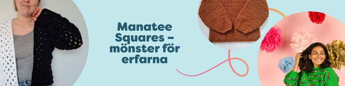 Kollektionen Manatee Squares med mellansvåra virkmönster – koftor och tröjor för barn och vuxna i harmoniska garnfärger från Hobbii.