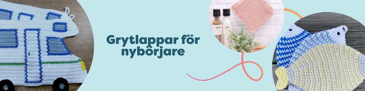 Flera virkade grytlappar i bomullsgarn i olika färger, perfekta för nybörjare, stylade i köksmiljö.