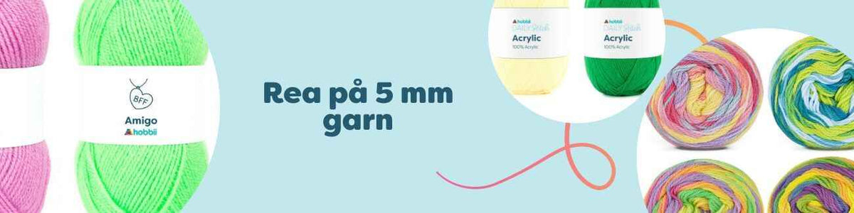 Färgglada nystan av 5 mm garn på rea hos Hobbii, med stickor och virknål – perfekt för mössor, filtar och tröjor.
