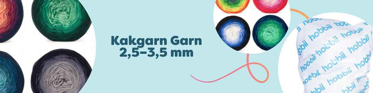 Kakgarn 2,5–3,5 mm från Hobbii – färgskiftande kaknystan (cake yarn) prydligt staplade, perfekta för sjalar, tröjor, filtar och accessoarer.