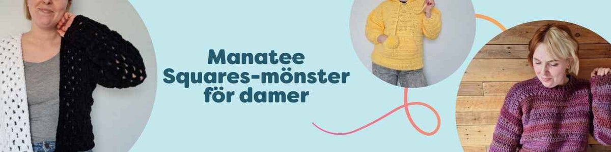 Damkoftor och tröjor virkade i färgstarka Manatee Squares-rutor, visade på modell i naturligt ljus – Hobbii.