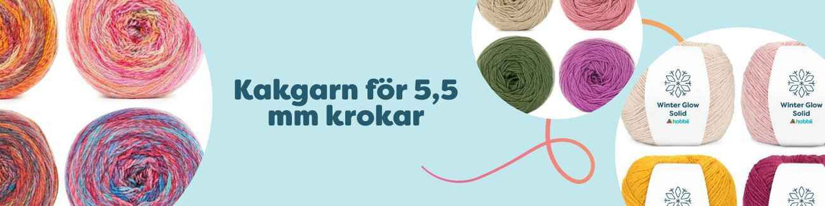 Kakgarn för 5,5 mm krokar i flerfärgade och enfärgade kakor – Tea Time, Twister Solid XL och Winter Glow Solid från Hobbii.