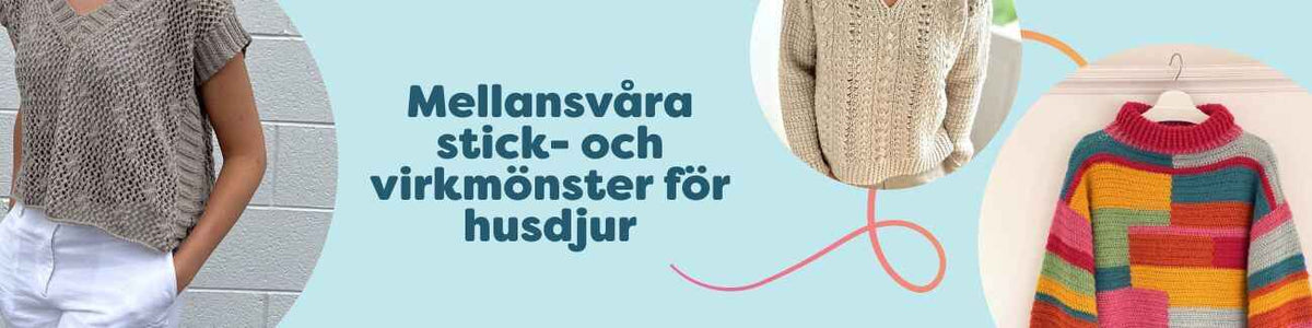 Kollektion med mellansvåra stick- och virkmönster för husdjur: hundtröjor, kattkojor och leksaker i mjuka garner, fotade i skandinavisk stil.